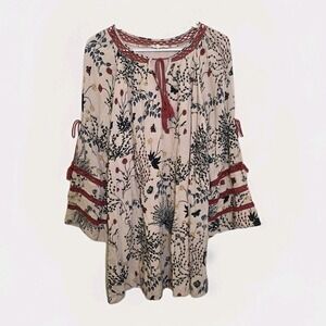 Entro Shirt Dress Small Floral Boho 3/4 Bell Sleeve Lined Rayon V Neck Casual